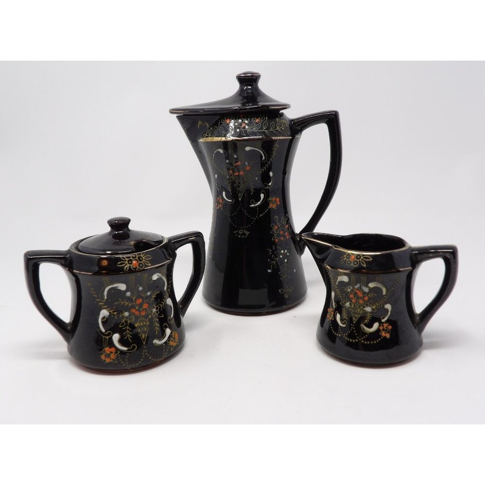 Vintage Hand Painted Japanese Red Ware Teapot Creamer Sugar Black Gold Accents